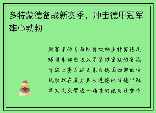 多特蒙德备战新赛季，冲击德甲冠军雄心勃勃