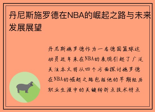丹尼斯施罗德在NBA的崛起之路与未来发展展望