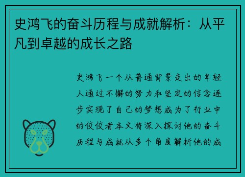 史鸿飞的奋斗历程与成就解析：从平凡到卓越的成长之路