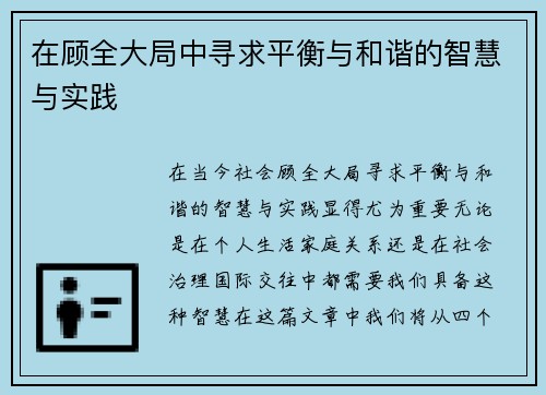 在顾全大局中寻求平衡与和谐的智慧与实践